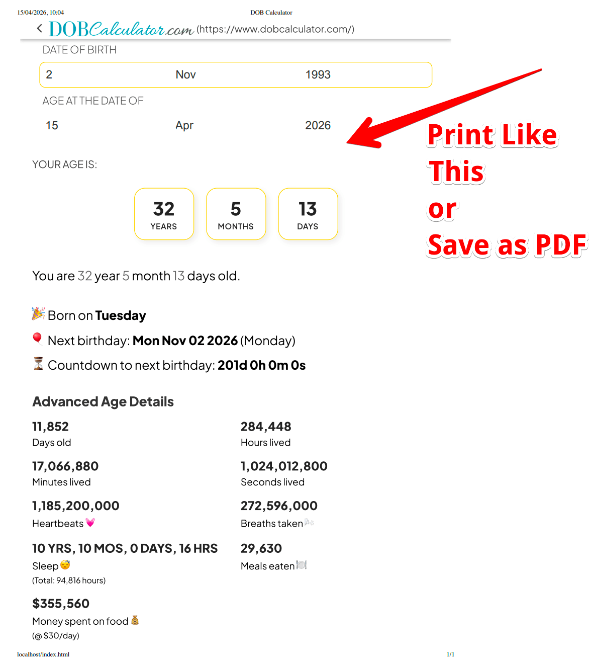 Print or Save Your Age Details